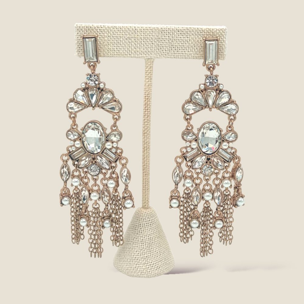 NEW Badgley Mischka Antique Gold Chain Tassel & Rhinestone Statement Earrings